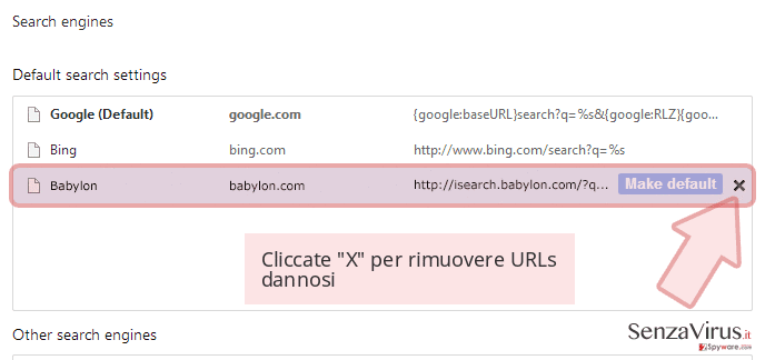 Cliccate 'X' per rimuovere URLs dannosi Cliccate 'X' per rimuovere URLs dannosi