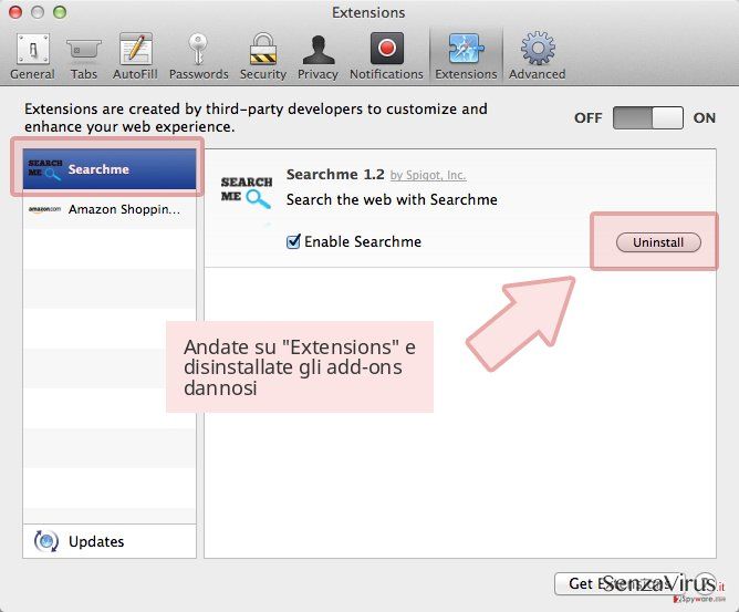 Andate su 'Extensions' e disinstallate gli add-ons dannosi Andate su 'Extensions' e disinstallate gli add-ons dannosi