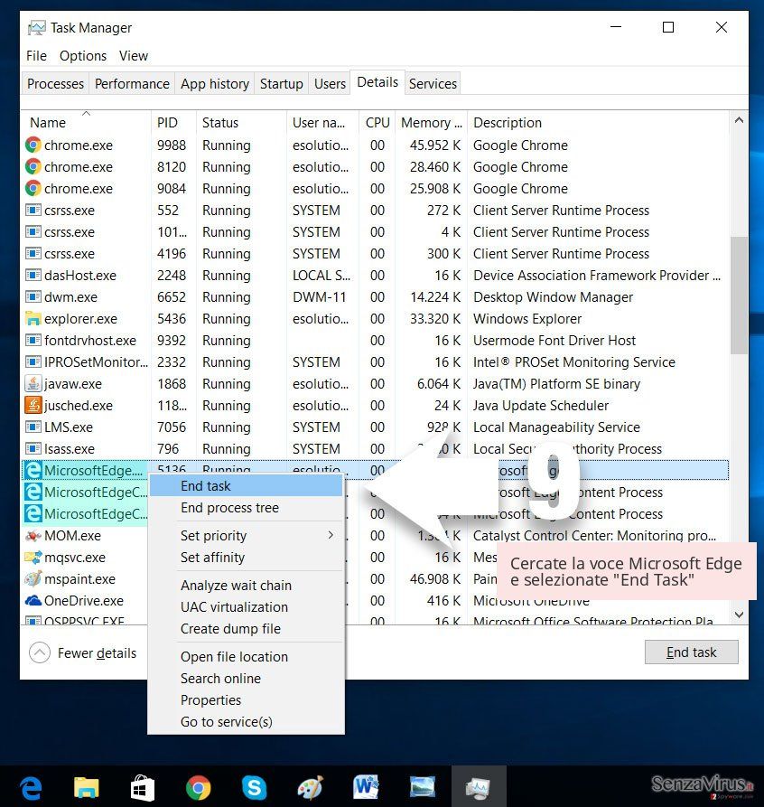 Cercate la voce Microsoft Edge e selezionate 'End Task' Cercate la voce Microsoft Edge e selezionate 'End Task'
