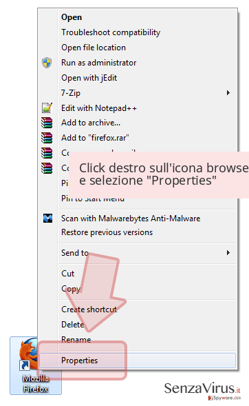 Click destro sull'icona browser e selezione 'Properties' Click destro sull'icona browser e selezione 'Properties'