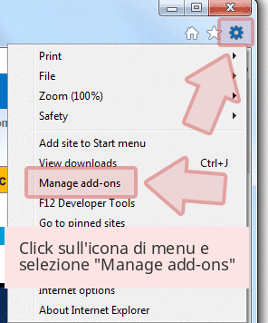 Click sull'icona di menu e selezione 'Manage add-ons' Click sull'icona di menu e selezione 'Manage add-ons'