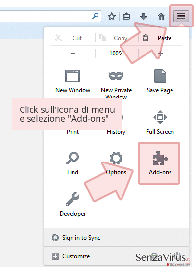 Click sull'icona di menu e selezione 'Add-ons' Click sull'icona di menu e selezione 'Add-ons'