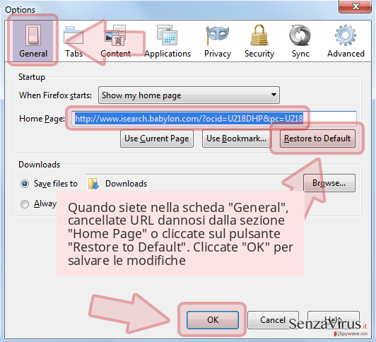 Quando siete nella scheda 'General', cancellate URL dannosi dalla sezione 'Home Page' o cliccate sul pulsante 'Restore to Default'. Cliccate 'OK' per salvare le modifiche Quando siete nella scheda 'General', cancellate URL dannosi dalla sezione 'Home Page' o cliccate sul pulsante 'Restore to Default'. Cliccate 'OK' per salvare le modifiche