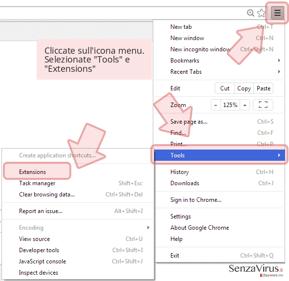 Cliccate sull'icona menu. Selezionate 'Tools' e 'Extensions' Cliccate sull'icona menu. Selezionate 'Tools' e 'Extensions'