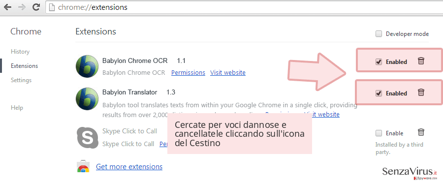 Cercate per voci dannose e cancellatele cliccando sull'icona del Cestino Cercate per voci dannose e cancellatele cliccando sull'icona del Cestino
