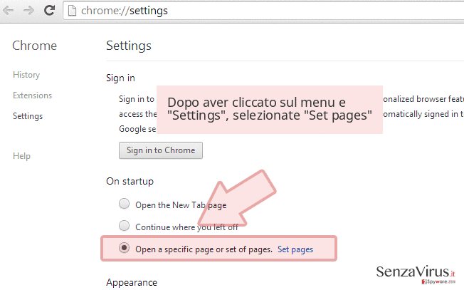 Dopo aver cliccato sul menu e 'Settings', selezionate 'Set pages' Dopo aver cliccato sul menu e 'Settings', selezionate 'Set pages'