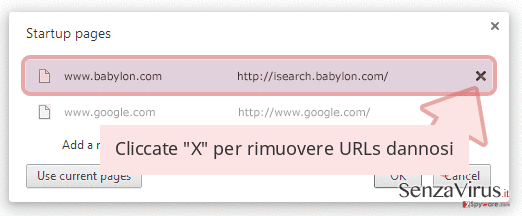 Cliccate 'X' per rimuovere URLs dannosi Cliccate 'X' per rimuovere URLs dannosi