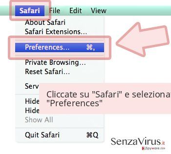 Cliccate su 'Safari' e selezionate 'Preferences' Cliccate su 'Safari' e selezionate 'Preferences'