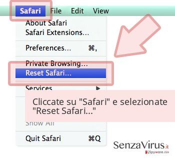 Cliccate su 'Safari' e selezionate 'Reset Safari...' Cliccate su 'Safari' e selezionate 'Reset Safari...'