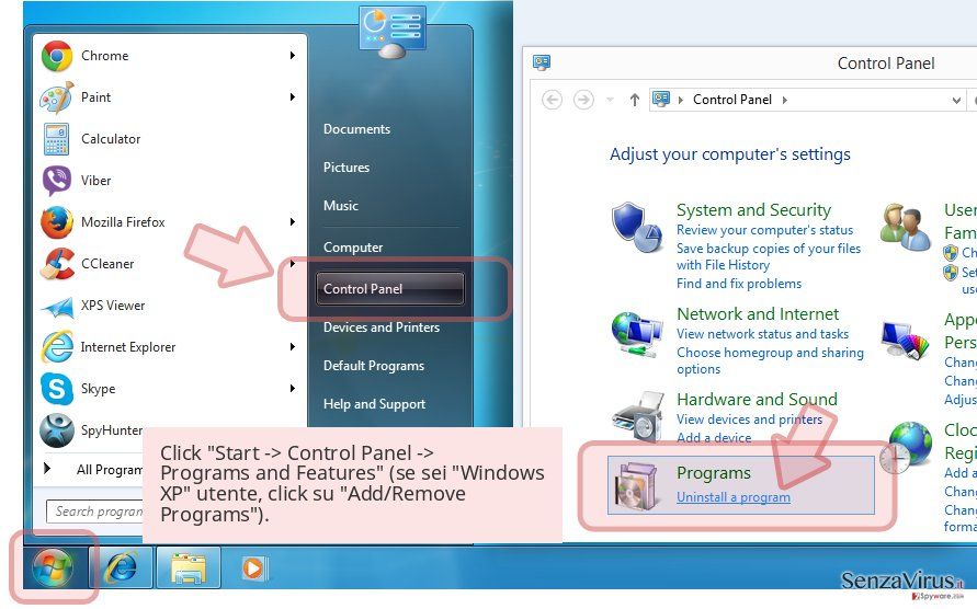 Click 'Start -> Control Panel -> Programs and Features' (se sei 'Windows XP' utente, click su 'Add/Remove Programs'). Click 'Start -> Control Panel -> Programs and Features' (se sei 'Windows XP' utente, click su 'Add/Remove Programs').