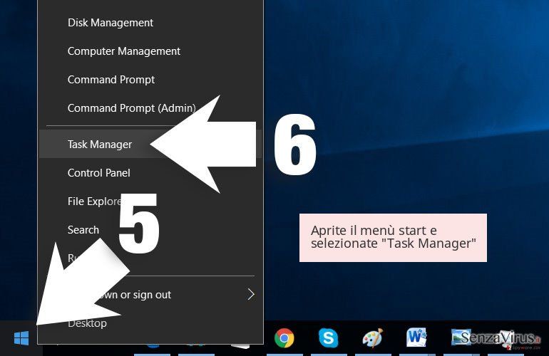 Aprite il menù start e selezionate 'Task Manager' Aprite il menù start e selezionate 'Task Manager'