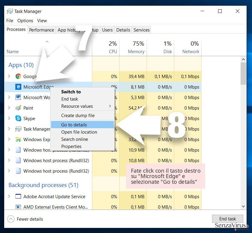 Fate click con il tasto destro su 'Microsoft Edge' e selezionate 'Go to details' Fate click con il tasto destro su 'Microsoft Edge' e selezionate 'Go to details'