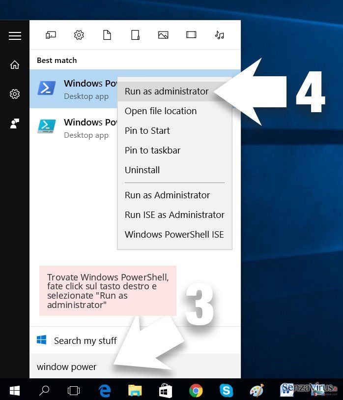 Trovate Windows PowerShell, fate click sul tasto destro e selezionate 'Run as administrator' Trovate Windows PowerShell, fate click sul tasto destro e selezionate 'Run as administrator'