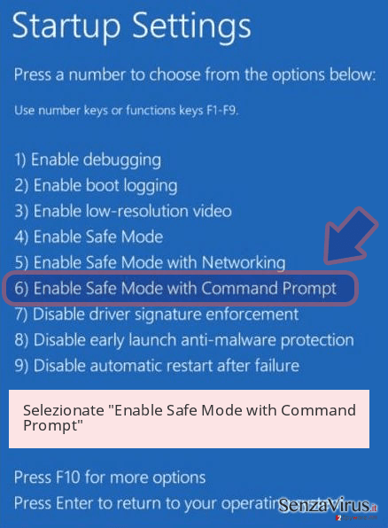 Selezionate 'Enable Safe Mode with Command Prompt' Selezionate 'Enable Safe Mode with Command Prompt'