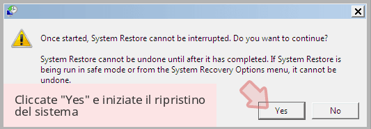 Cliccate 'Yes' e iniziate il ripristino del sistema Cliccate 'Yes' e iniziate il ripristino del sistema