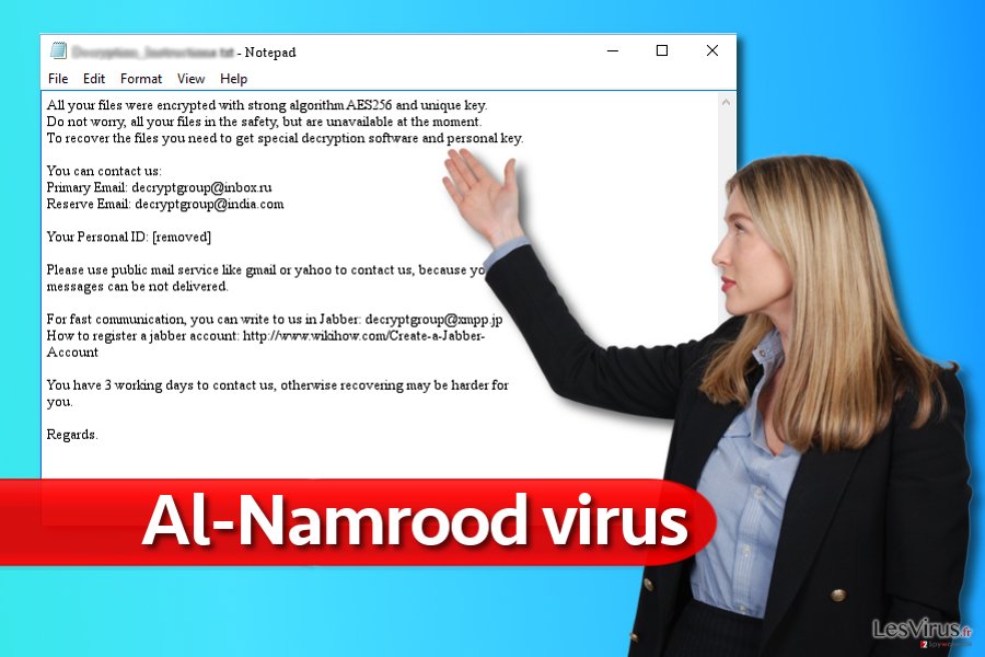 Nota del virus ransomware Al-Namrood. Nota del virus ransomware Al-Namrood.