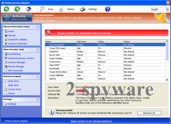 instantanea di Windows Antivirus Master instantanea di Windows Antivirus Master
